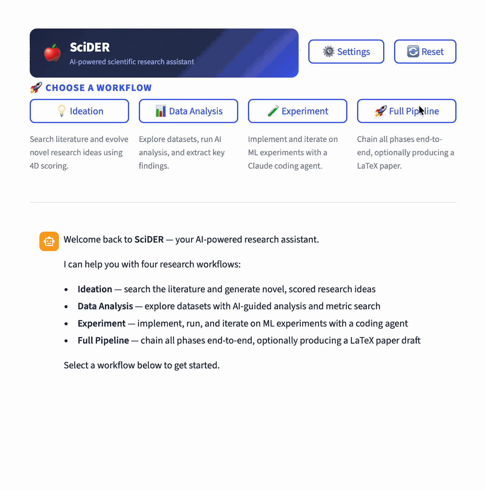 SciDER workflow selection panel